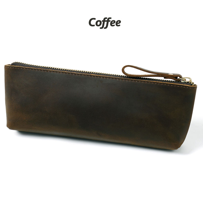 Fromthenon Retro Crazy Horse Cowhide Zipper Storage Bag Large Capacity Pencil Bag Multi Functional Writing Case