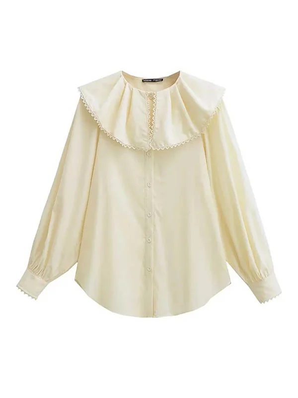 Pleated See-Through Solid Color Split-Joint Loose Puff Sleeves Peter Pan Collar Blouses&Shirts Tops