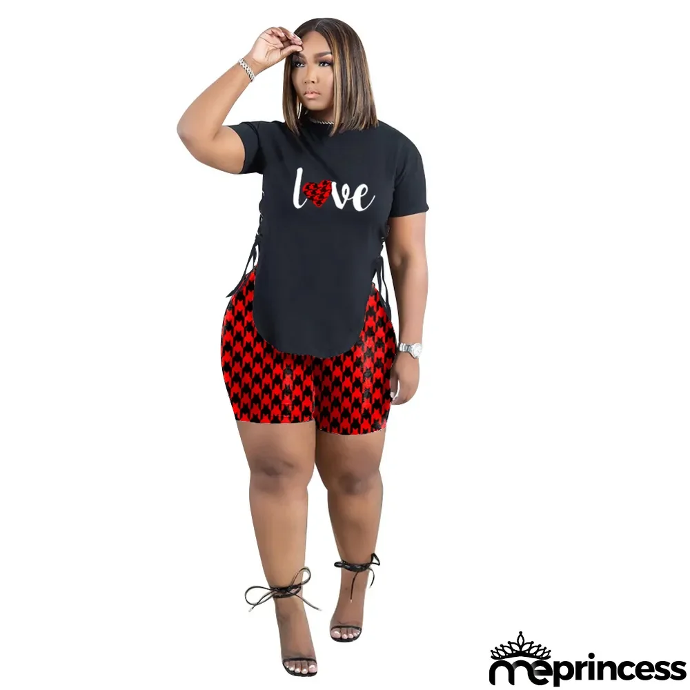 Casual Side Slit Eyelet Strap Print Letters Sports Two-Piece Set