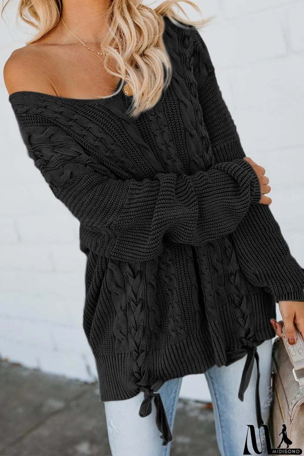 MidiSono - Love Letters Cable Knit Lace Up Sweater