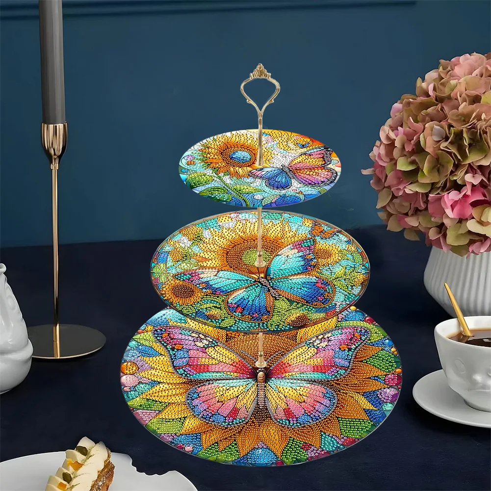 5D DIY 3 Tier Acrylic Butterfly Sunflower Diamond Painting Serving Tray for Home