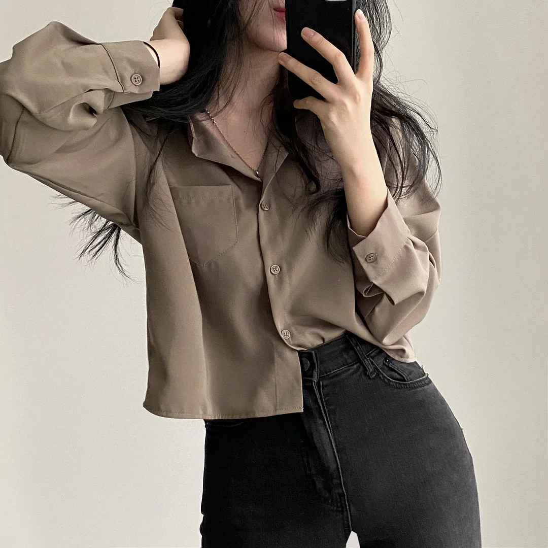 KOREAN SINGLE BREASTED LONG SLEEVE CROP SHIRT