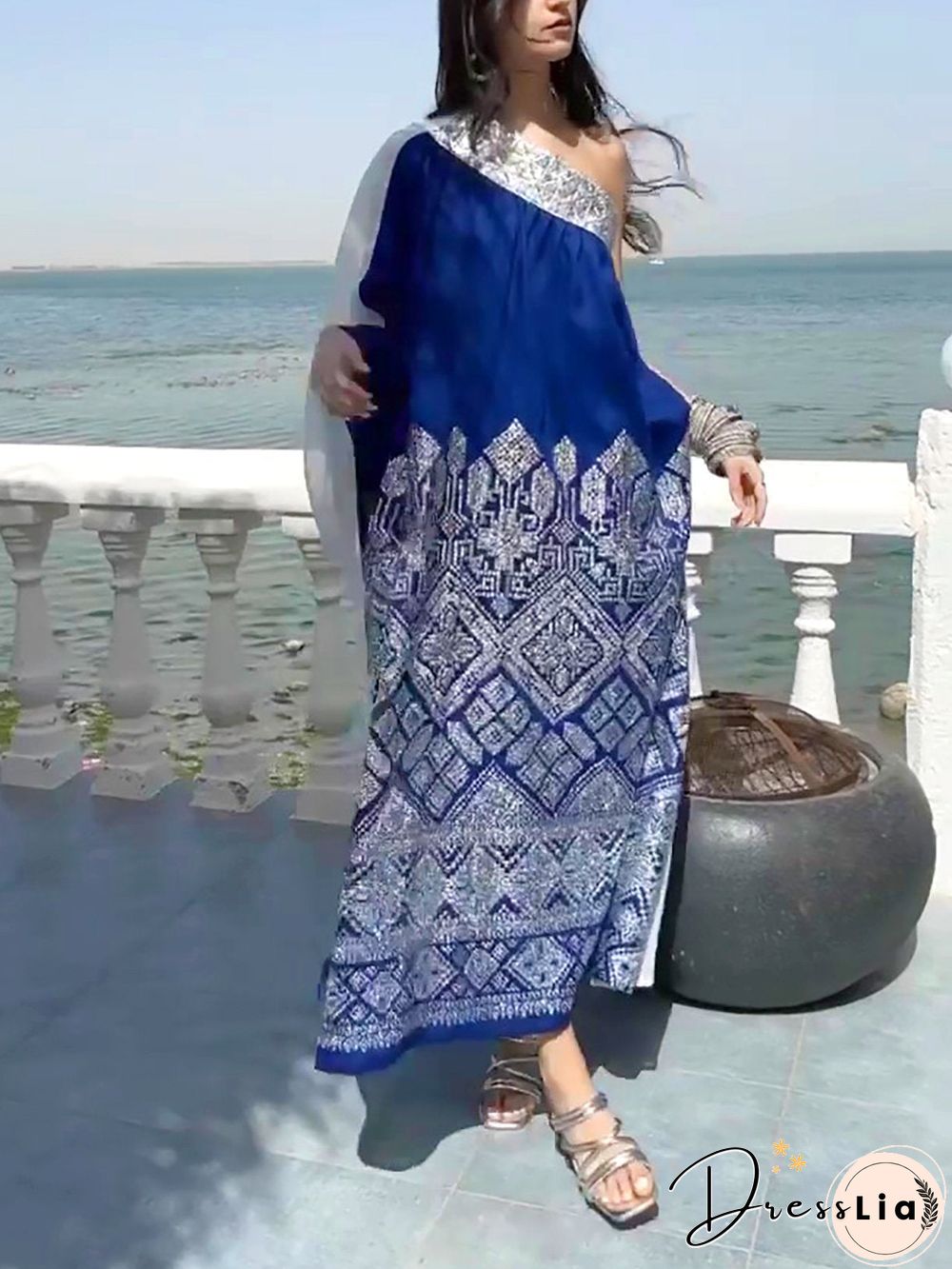 One Shoulder Blue&White Joint Dress