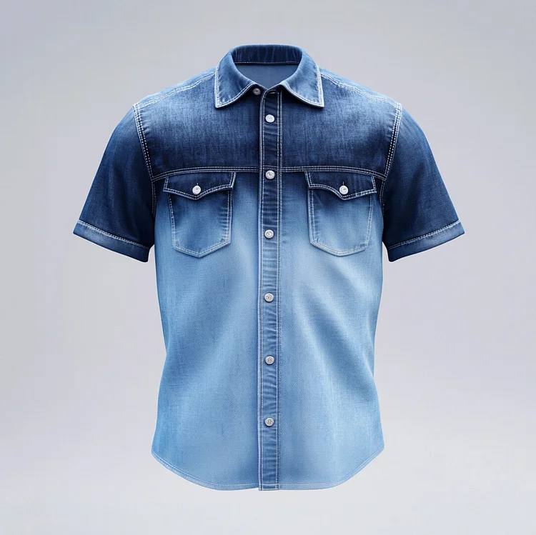 Men's Casual Chest Pocket Ombre Pattern Short Sleeve Denim Shirt