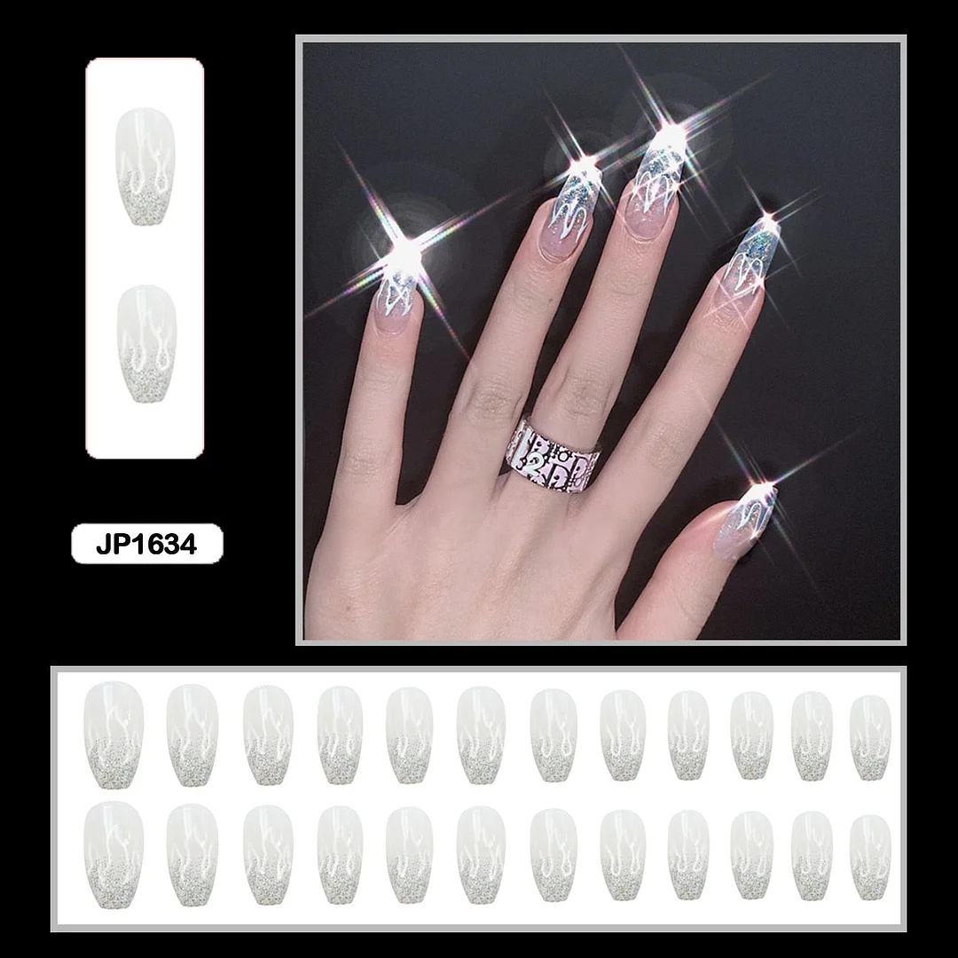 24PCS Dark Punk False Nails with Glue Gradient Long Detachable Fire Stick on Nails Skull Flame  Art DIY Fashion Manicure Tool-Nail Inspo