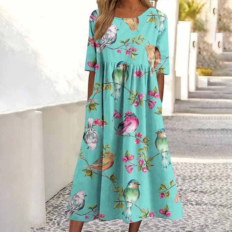 Comstylish Women's Vintage Floral & Bird Art Print Round Neck Midi Dress