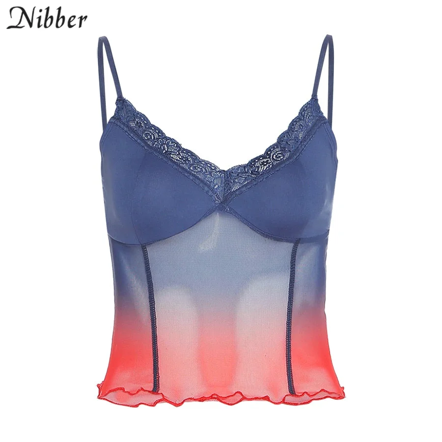 NIBBER Summer Ladies Sexy V-neck Camis Women's Top Lace Tank Top 2021 Patchwork Gradient Color See through Vest Clubwear Female