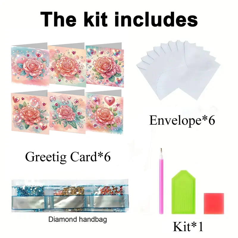 6Pcs Love Rose DIY Diamond Painting Greeting Card 5D Drill Painting Card Kit【With White Envelope】
