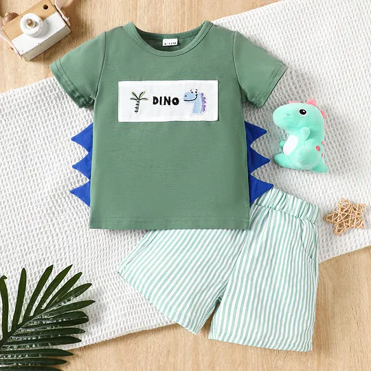 【6M-4Y】Boys' Cute Dinosaur Embroidered Horn T-Shirt & Shorts Set