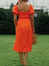 Solid Color Puff Sleeves Midi Dress