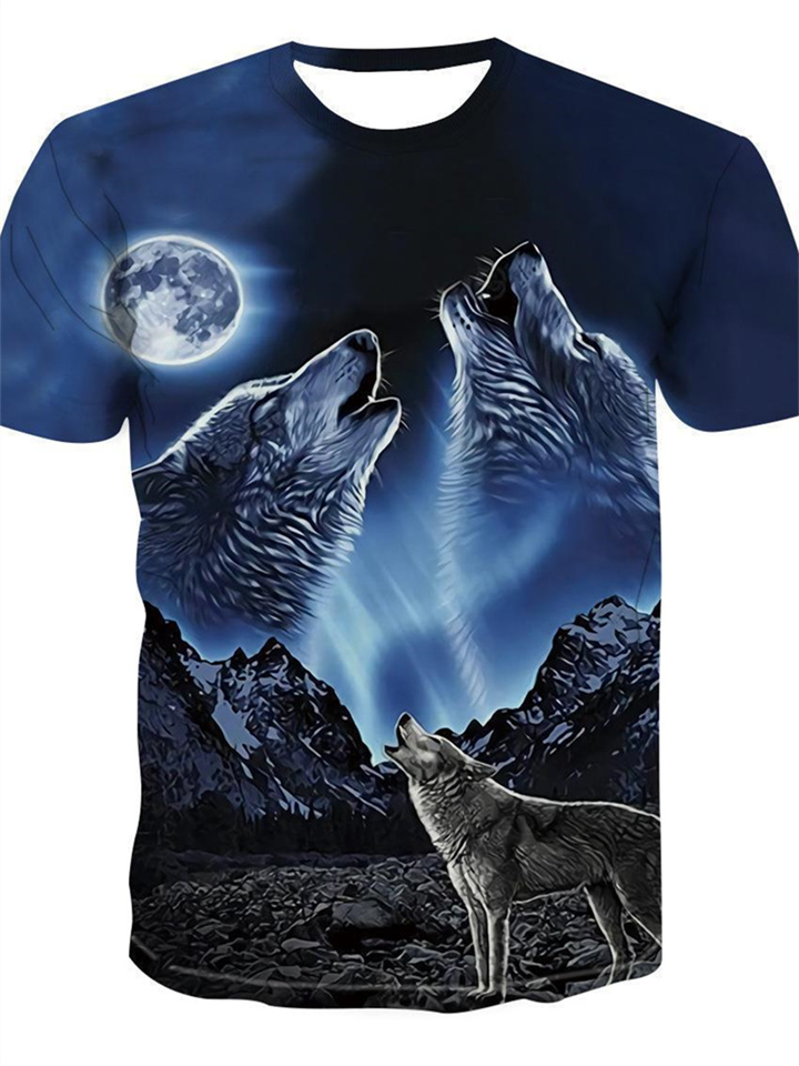 Men's Hipster Wolf 3d Printed T-shirt Printing Short Sleeve Fashion Summer Tee (blue, 2xl) 3D Animal Plus Size Round Neck Daily Holiday Tops