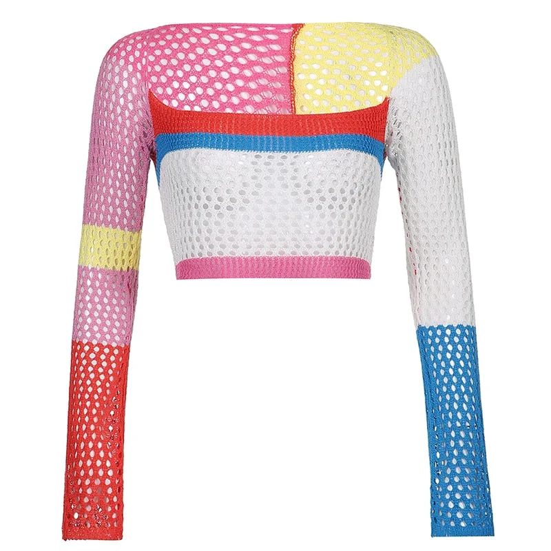 HEYounGIRL Holes Sexy Knitted Cropped T Shirt Women Autumn 2000s Aesthetic Patchwork T-shirt Women Hollow Out Fashion Tshirt