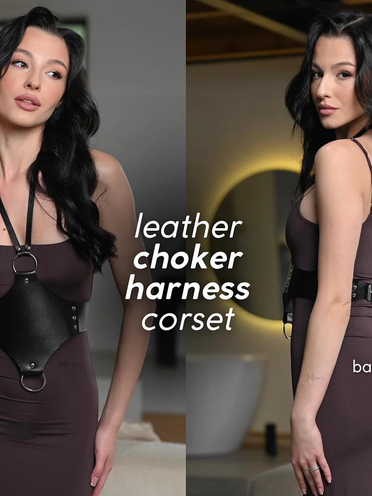 pornhint Pornhint Corset Harness Leather or Vegan Underbust Waist Belt with Choker Bustier Female Bodice for Woman leather body harnesses for women