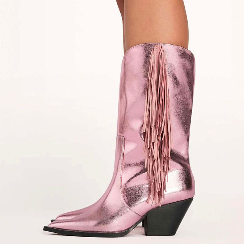 Pointed Fringe Boots Cone Heel Shoes Vintage Mid-Calf Western Boots