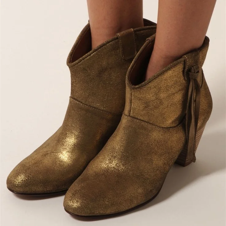 Matte Gold Western Chunky Heel Mid Calf Boots Vdcoo