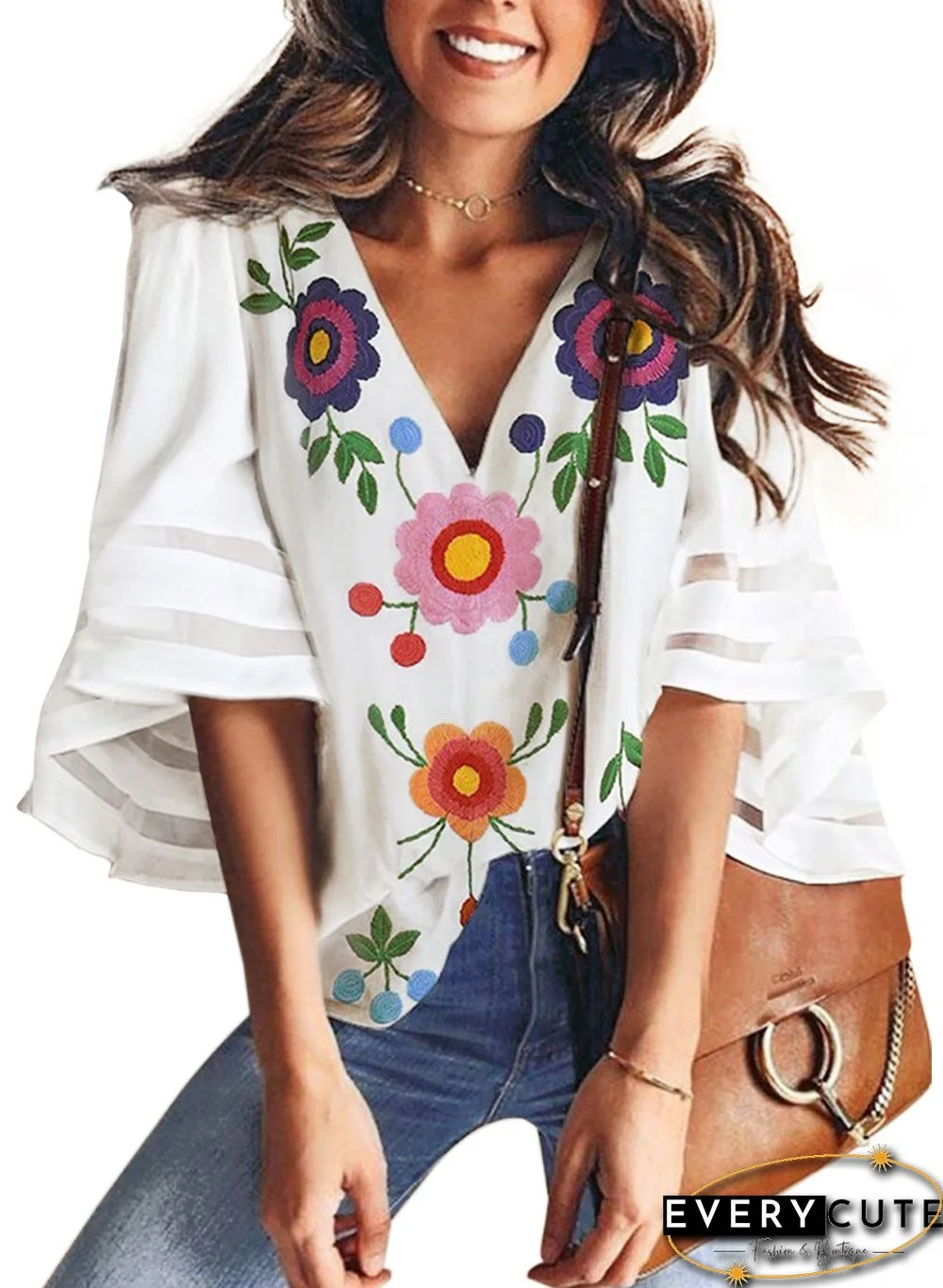White V Collar Floral Print Bell Sleeve T-shirt Blouse