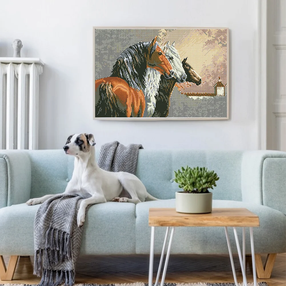 9CT Full Stamped Cross Stitch Bead Embroidery- Horse(Canvas|58*38CM)