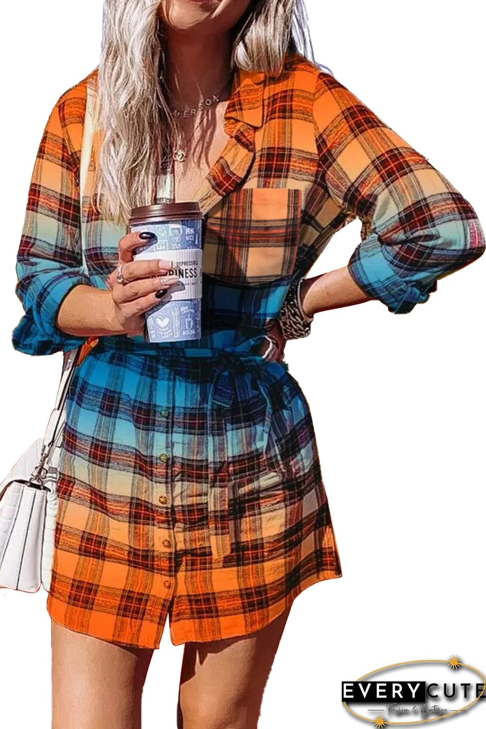 Orange Gradient Plaid Button Front Mini Shirt Dress