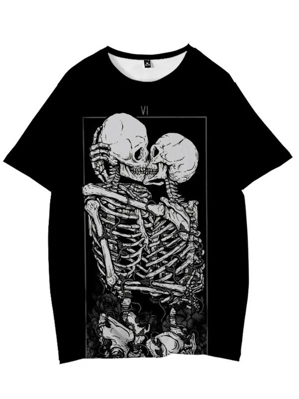 Gothic Dark Skull Death Letter Short Sleeve Crew Neck Printed T-shirt