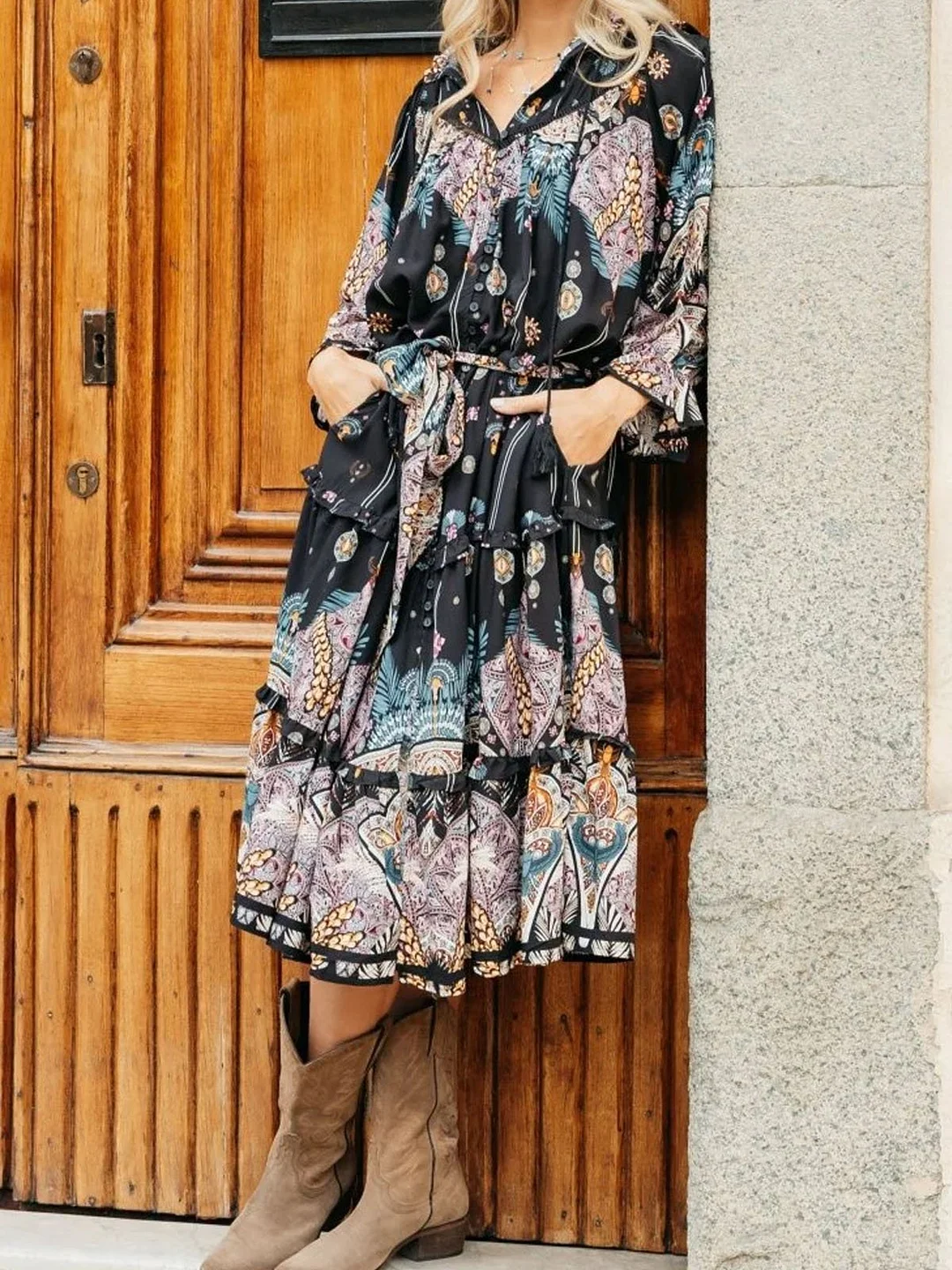 Ethnic Printed Casual Lace-Up Dress