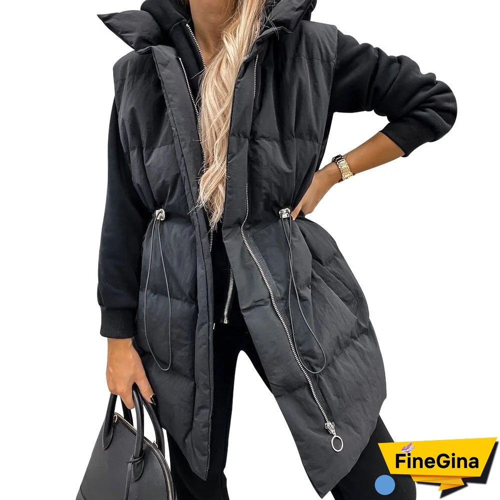Elegant Fashion Women Solid Sleeveless Coat Hooded Waistcoat Waist Jacket Vest Down Padded Zipper Jacket Outwear Hoodie Gilet