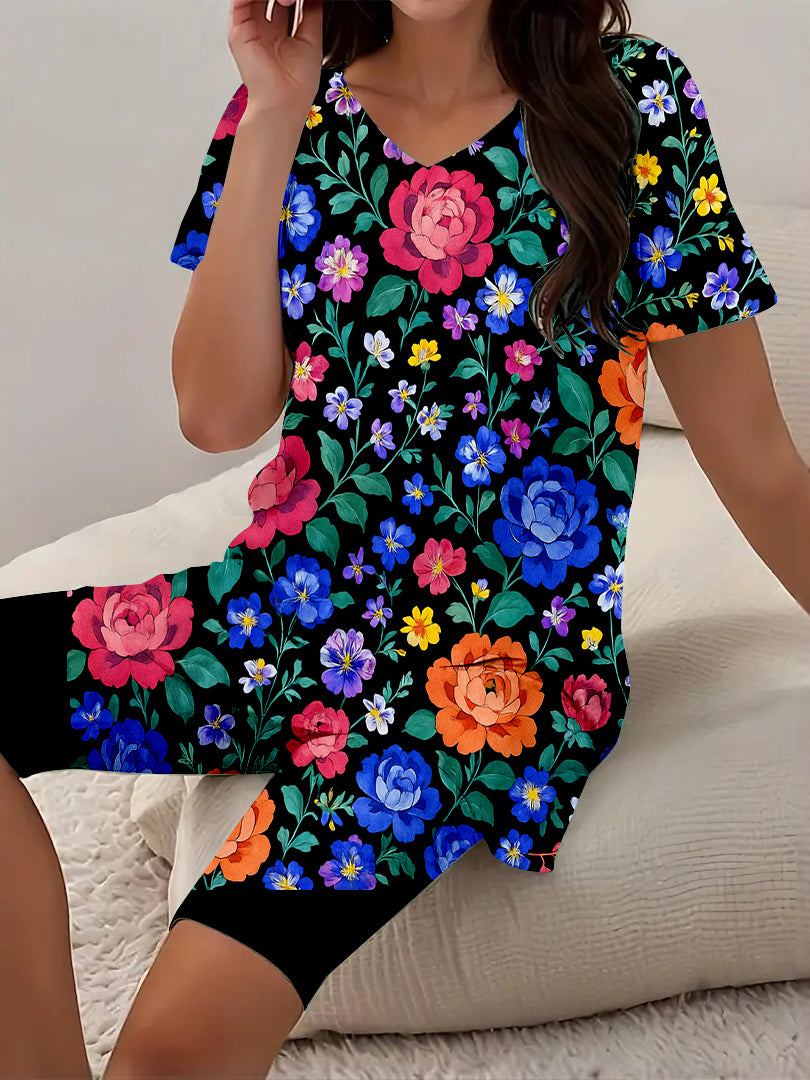 Women Long Sleeve V-neck Graphic Floral Printed Top