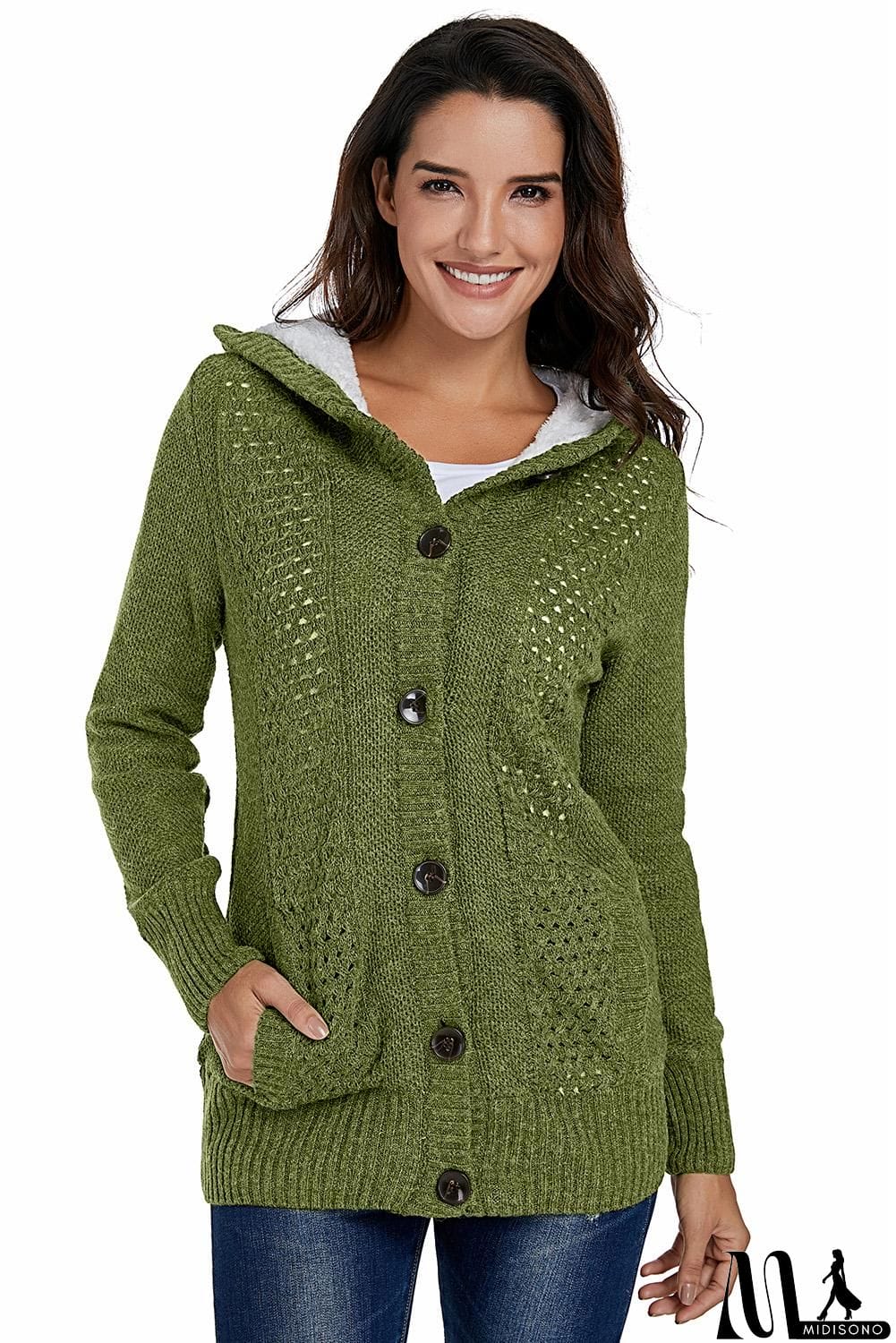 MidiSono - Fleece Hooded Gray Button Cardigan Sweater