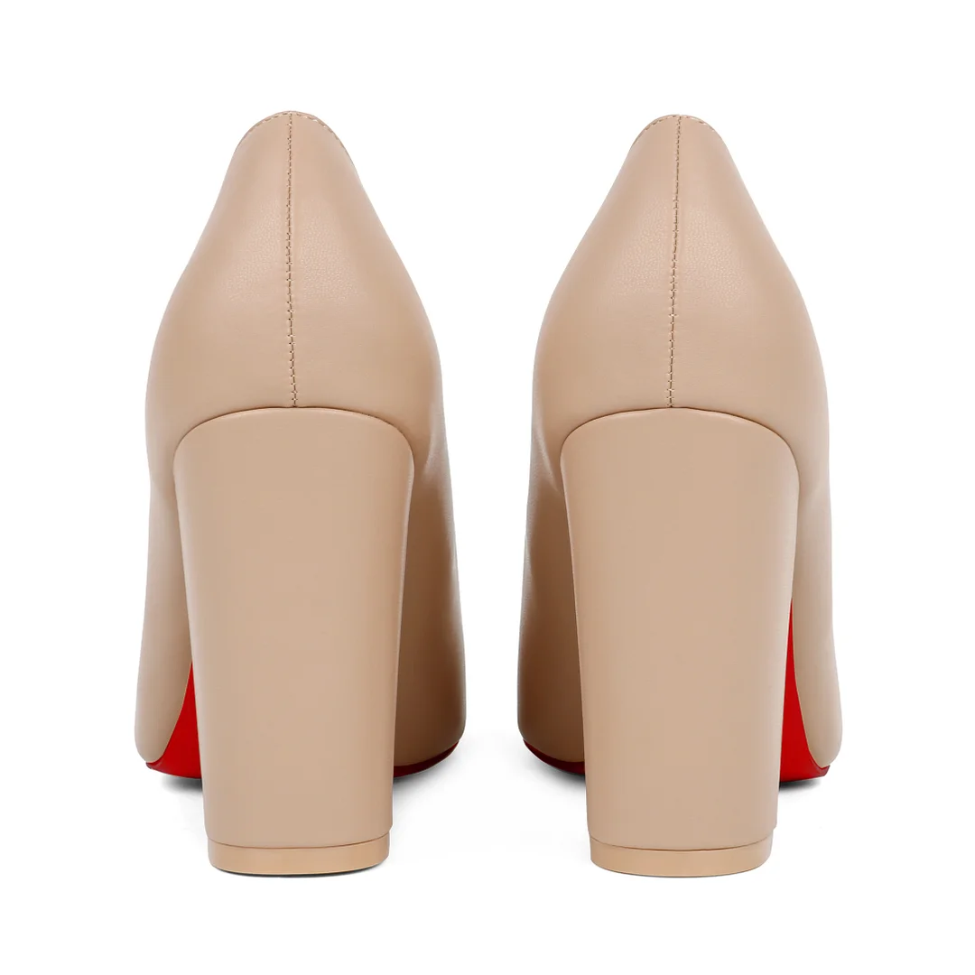 3.5" Women's Chunky Heels Red Bottom Shoes Comfortable Middle Block Heel Matte Pumps-MERUMOTE