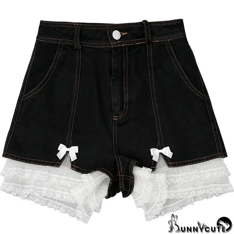 Lace Stitching Bowknot High Waist Denim Shorts