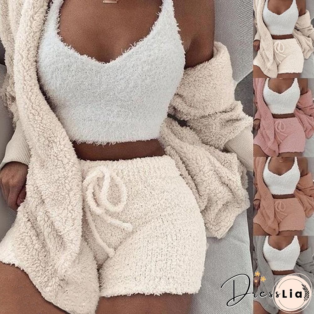 Women Fashion Winter Plush Casual Sportswear Long Sleeve Crop Top Shirt Shorts Suit(1pc Vest or 2pcs Coat+Pants or 3pcs Vest+Coat+Pants)