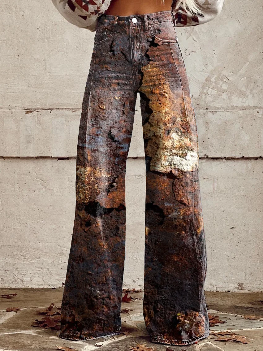 Vintage Distressed Rust Print Casual Wide-leg Pants