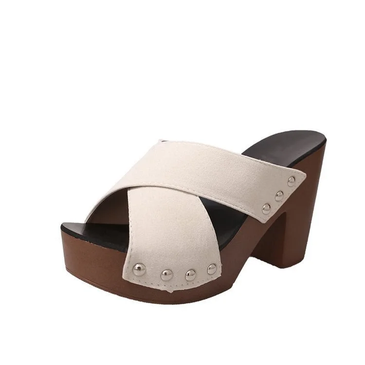 2022 Women Sandals High Heel Luxury Platform Flock Casual Rivet Pumps Peep Toe Designer Shoes Zapatos De Mujer