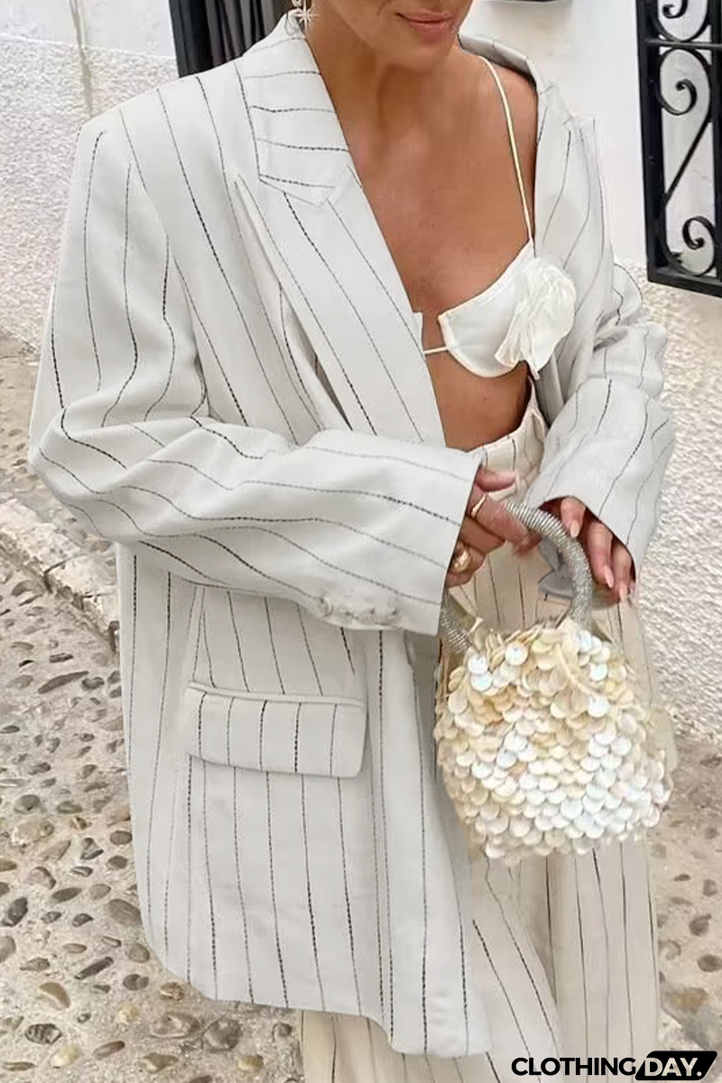 British Style Striped Buttons Turn-back Collar Outerwear