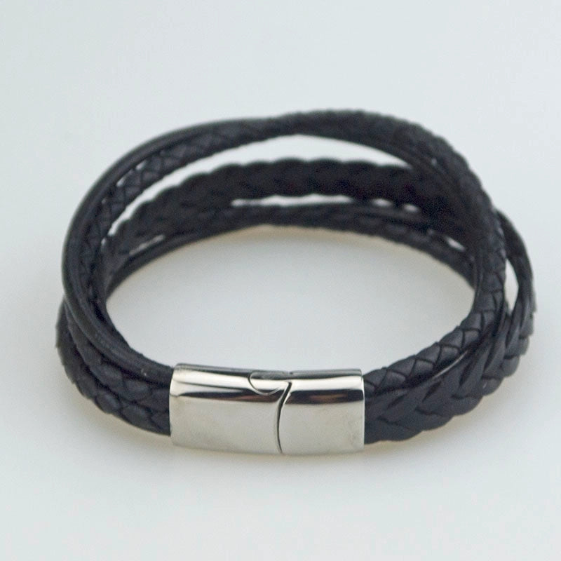 Casual Retro Solid Color 304 Stainless Steel Pu Leather Braid Handmade Men's Wristband