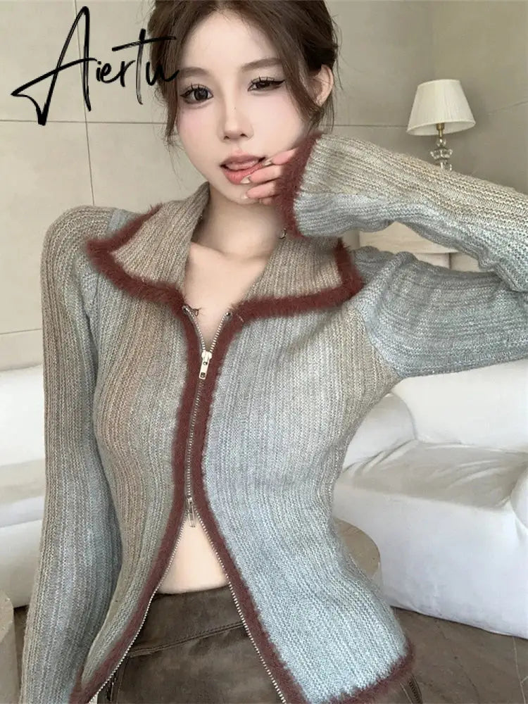 Aiertu Patchwork Vintage Double Zipper Knitted Sweaters Grunge Y2k Aesthetic Slim Coats Turn Down Collar Harajuku Casual Women Cardigan Aiertu