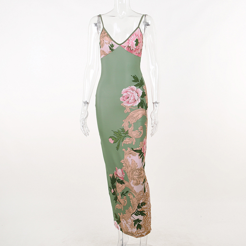 Ootddress Printed Slim Halter Dress Female Casual Backless Summer V-Neck Maxi Dress Elegant Fashion Sleeveless Women Party Dress