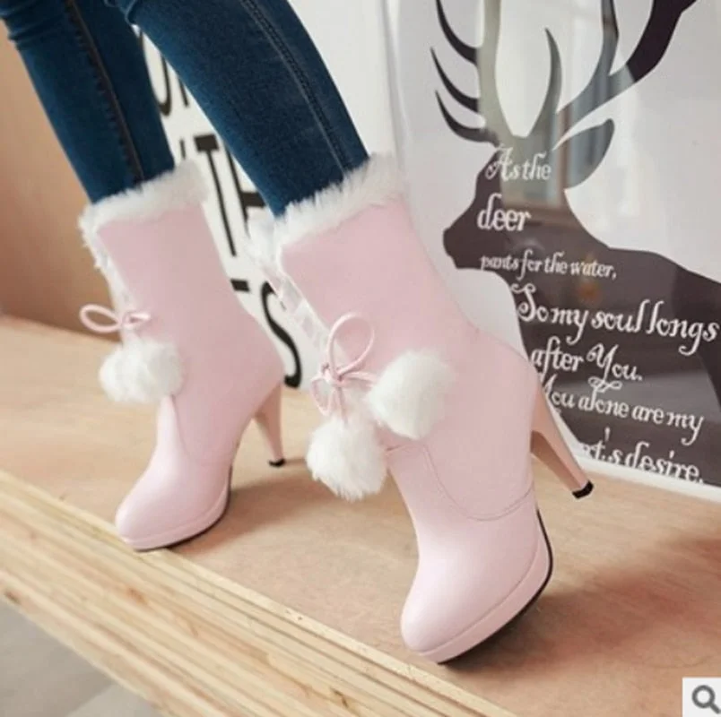 Japanese Pink/Black/White Sweet Fur Ball Warm High Heel Boots BE564