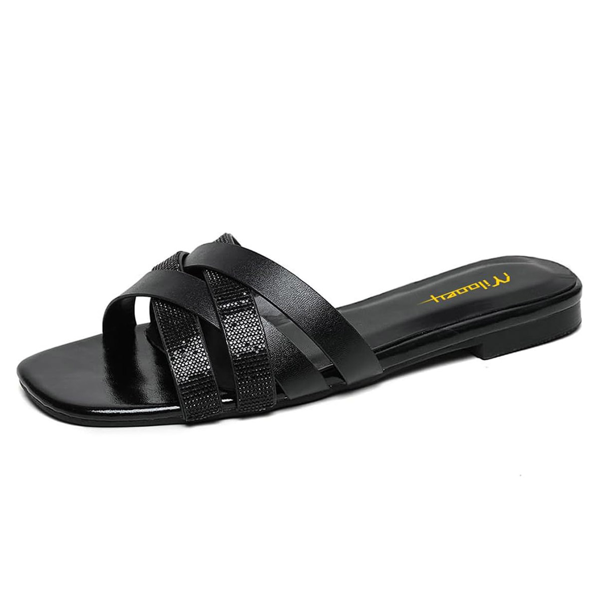 Black Square Toe Criss-Cross Flat Mules Sandals with Rhinestone Accent Nicepairs