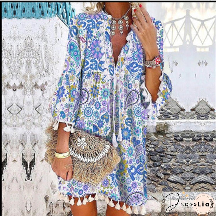 Printed V-neck pullover fringed ruffled sleeve dress