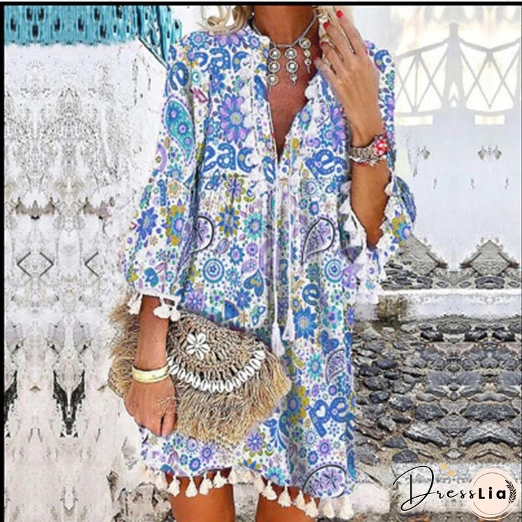Printed V-neck pullover fringed ruffled sleeve dress