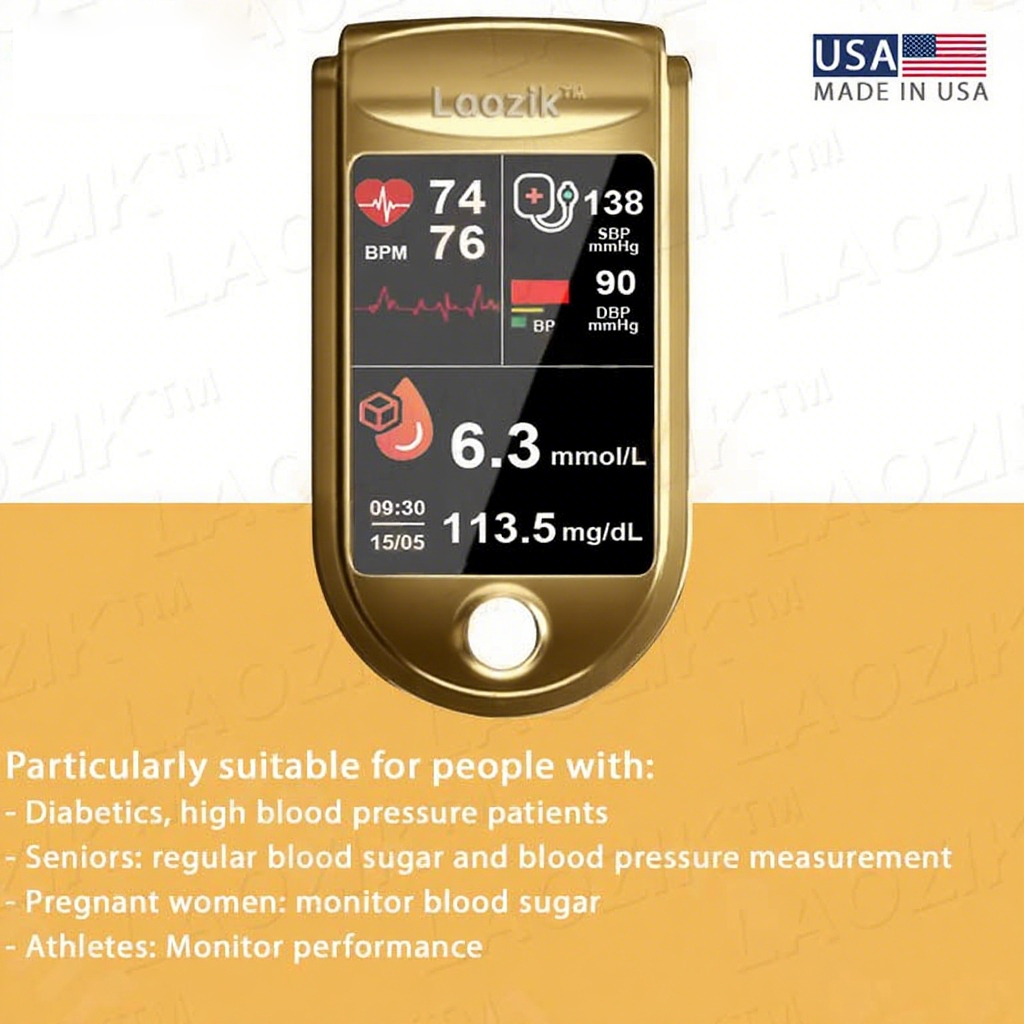 LaozikTM Professional 12in1 Glucose Vital Signs Monitor-Painless, Fast, Precise FDA-Backed(Made in California, USA)