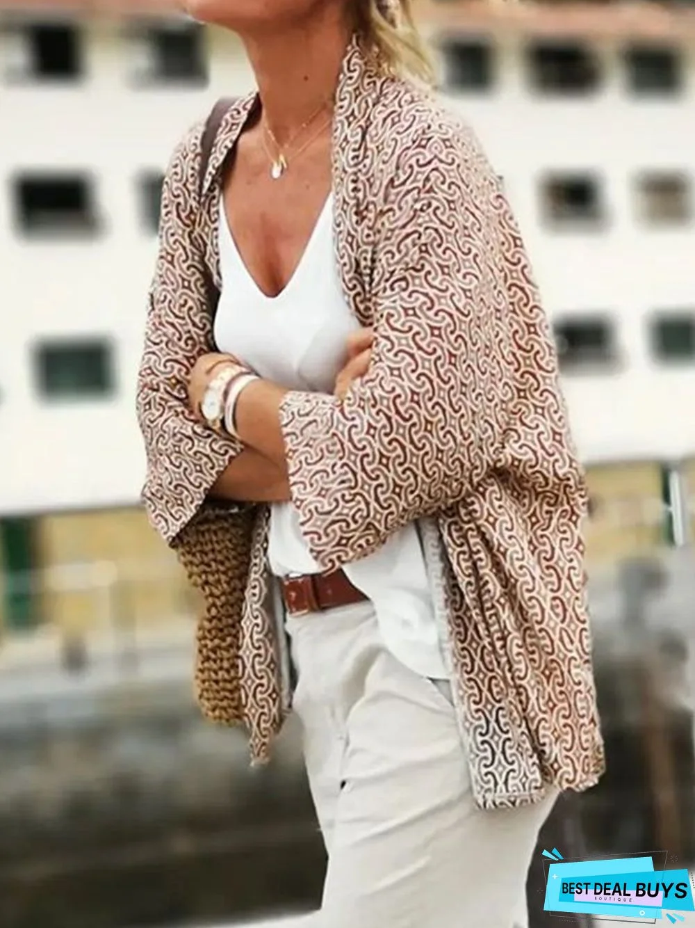3/4 Sleeve Basic Shift Printed Cardigan