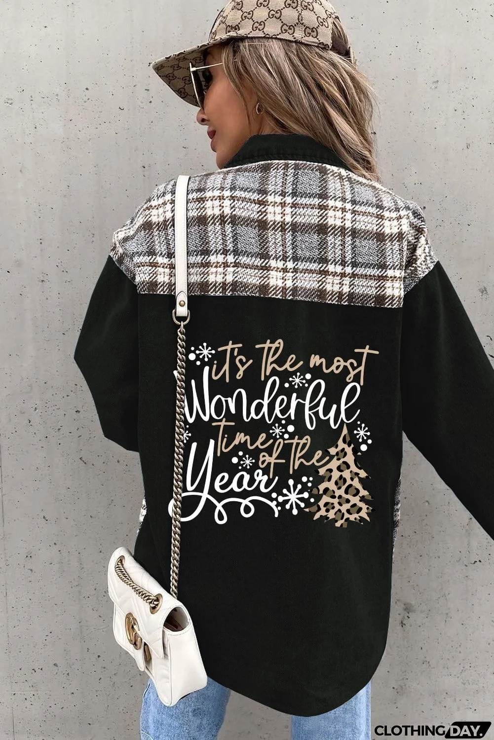 Christmas Pattern Plaid Splicing Denim Jacket