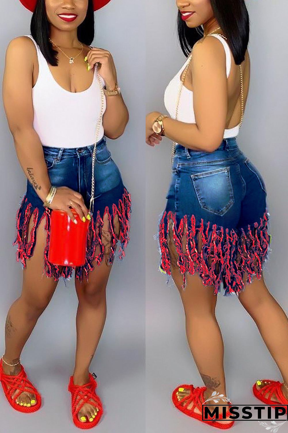 Green Red Green Yellow Royal blue Tassel Design Denim