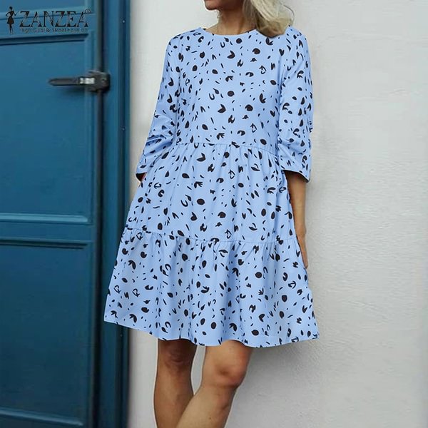 ZANZEA Women 3/4 Sleeve Casual O Neck Leopard Printed Back Button Party Summer Sundress Mini Shirt Dress - Shop Trendy Women's Clothing | LoverChic