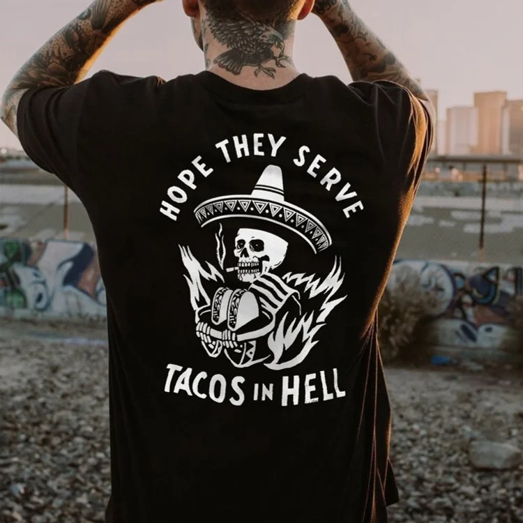 MOTOSUNNY HOPE THEY SERVE TACOS IN HELL Smoking Skull Graphic Black Print T-shirt abbf