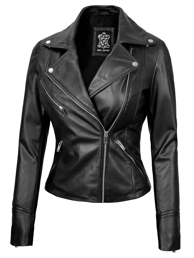 Ninfa Women's Black Asymmetrical Biker Leather Jacket QueenFunky
