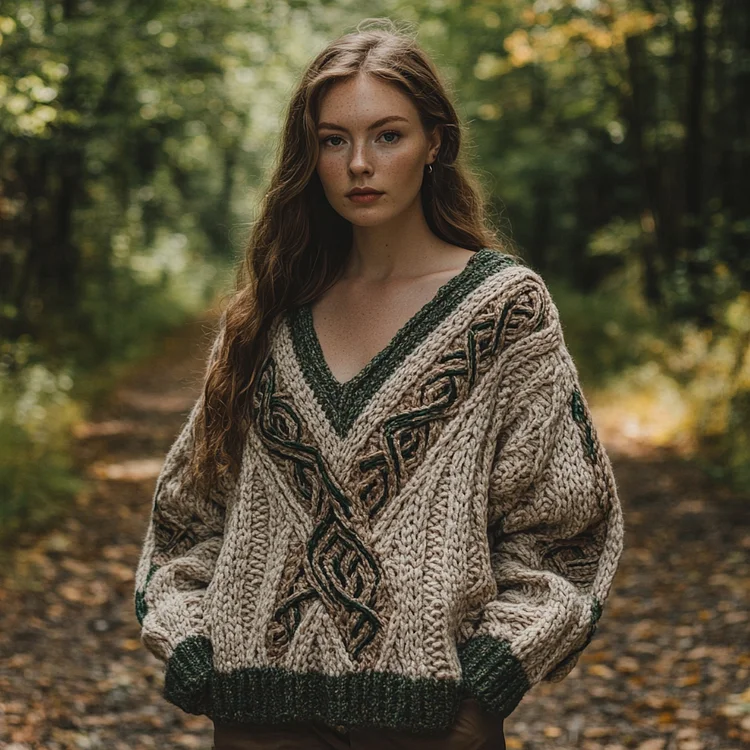 Vintage Irish Celtic Knot Jacquard V-neck Knit Sweater