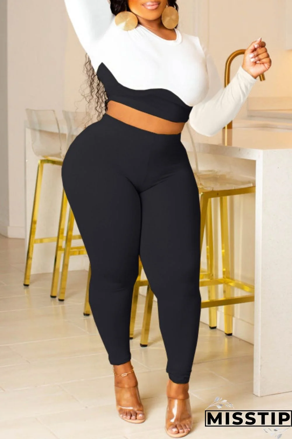 Black Casual Solid Patchwork Contrast O Neck Long Sleeve Two Pieces