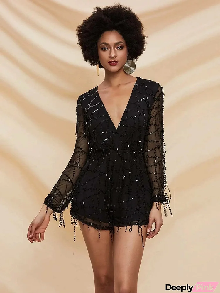 Deep V Neck Sheer Sleeve Sequin Mesh Romper FT2800